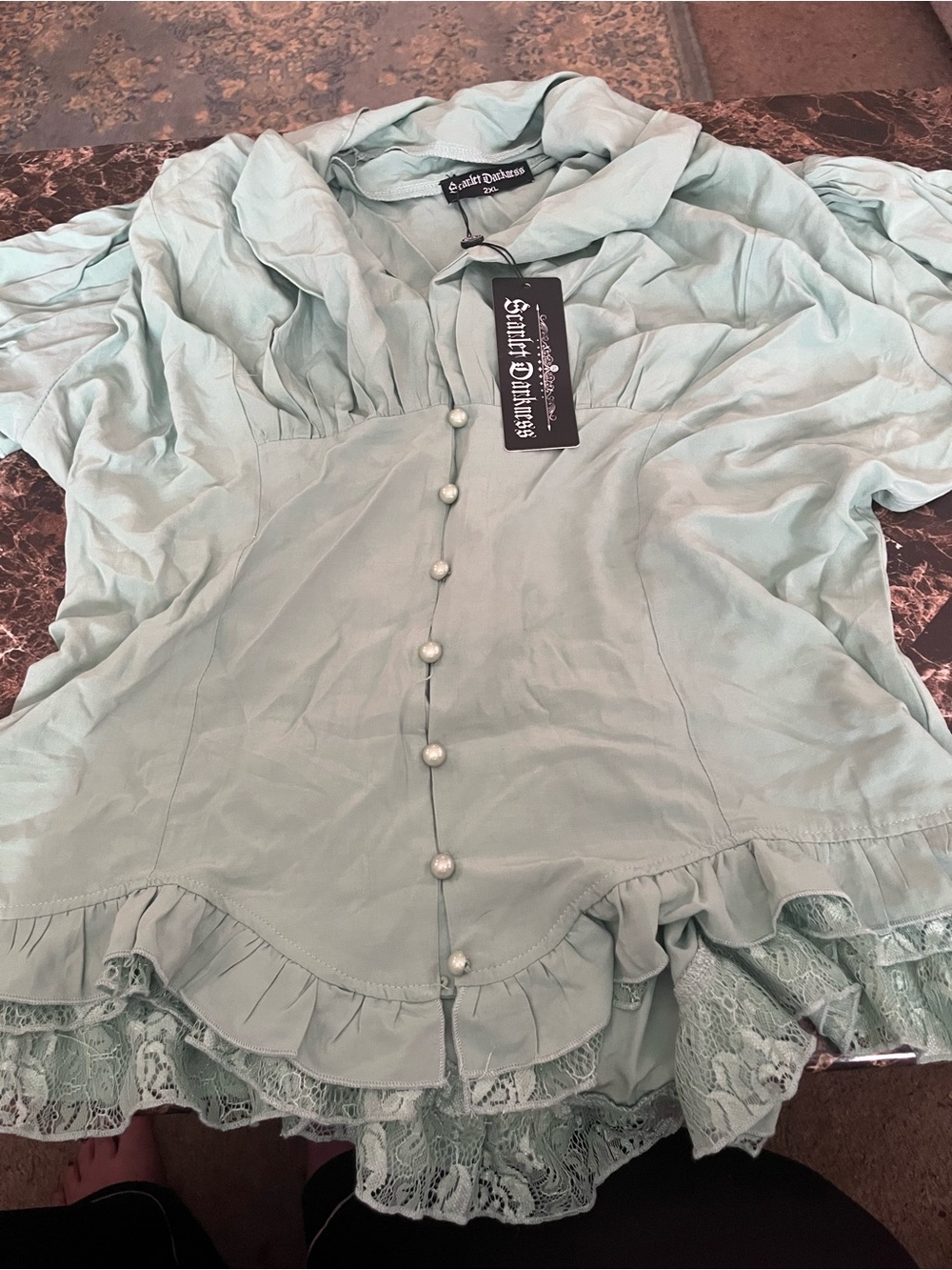 Scarlett Darkness Mint Ruffle Lace Button-Front Blouse